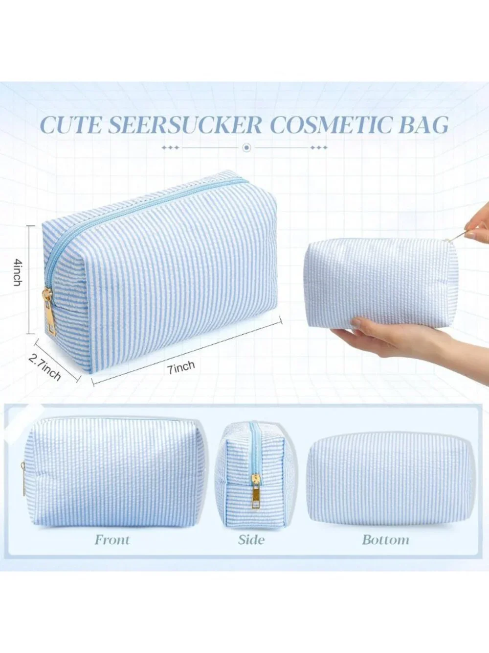 12 Pcs Light Blue Striped Seersucker Cosmetic Bags Set - Zippered Travel